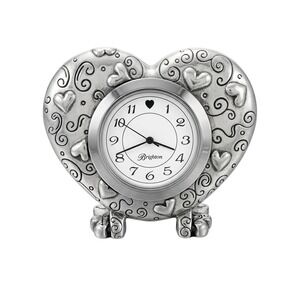 Brighton Silver Heart Desk Clock Scrollwork Stand Analog Travel Timepiece Retro